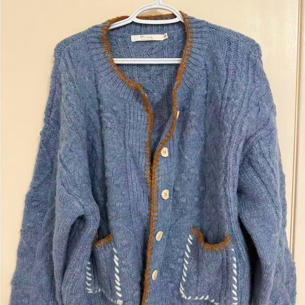 Blue Cable-Knit Cardigan Sweater with Contrast Trim